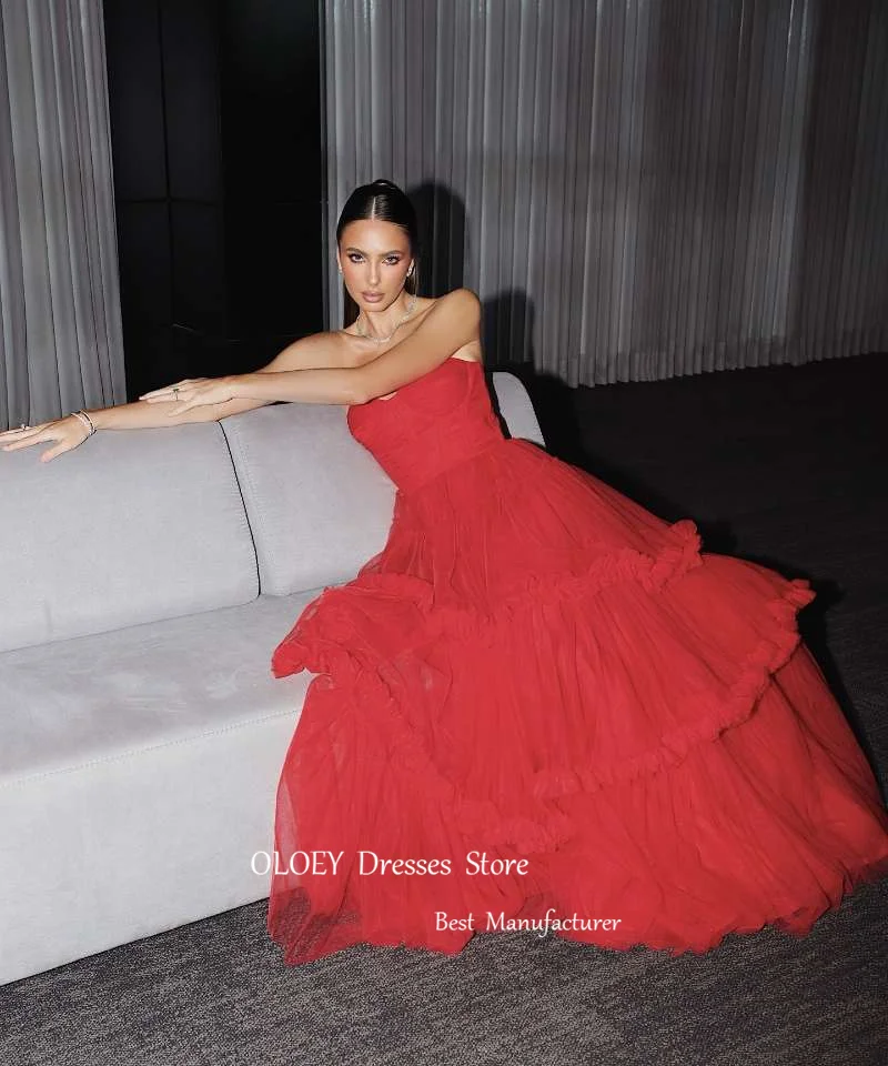 OLOEY Red Evening Dresses US Women Sweetheart Layered Tiered Soft Tulle Prom Gowns Formal Party Dress Vestidos de fiesta