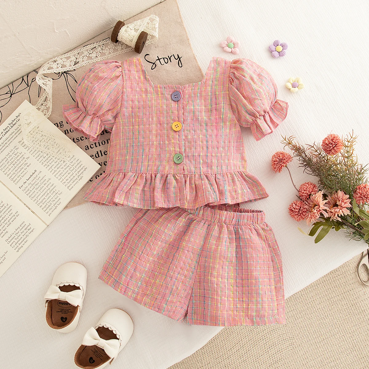 2pc/Set Baby Girl Suit Summer Cotton Plaid Bubble Sleeve Girl's Suit Two Pieces Cute Casual Outfit Costume For Baby