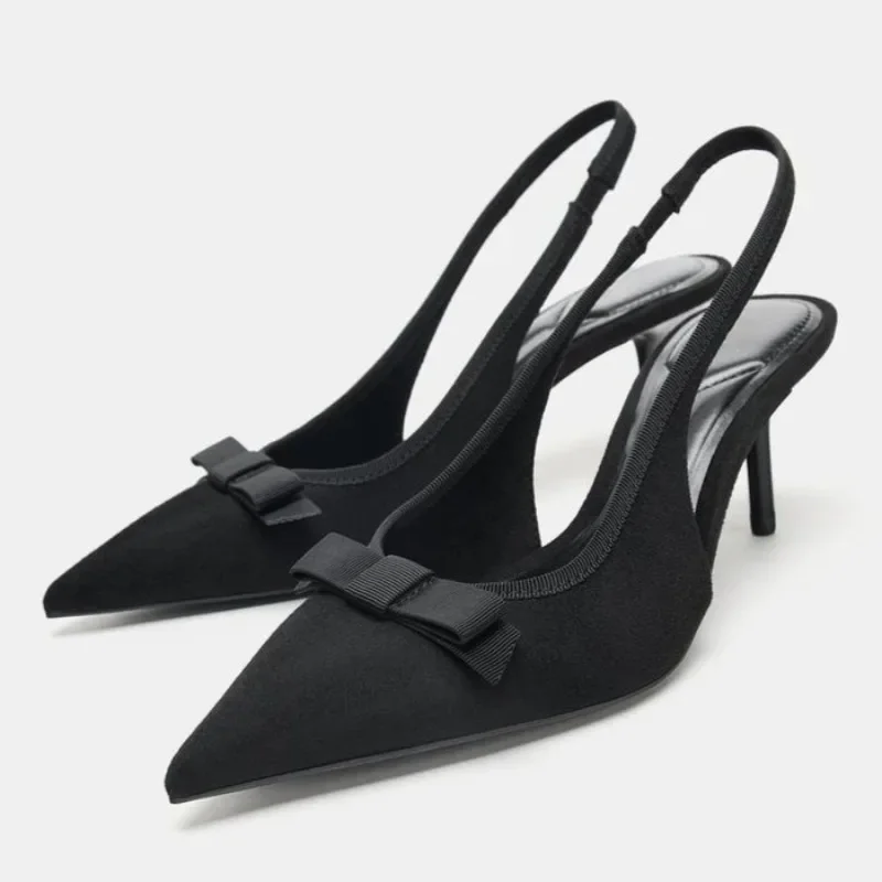 

Модные брендовые женские пикантные туфли на высоком каблуке с открытой пяткой и бантом для банкетов, классические элегантные сандалии с острым носком для женщин, туфли-лодочки