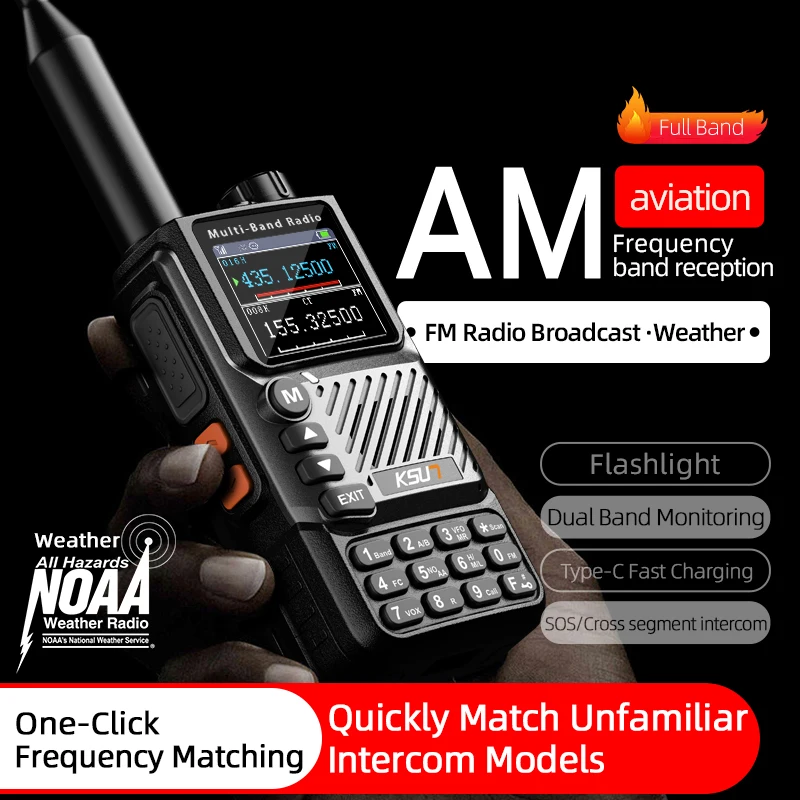 5W HAM Radio High Power Long Range Walkie Talkie Full Frequency Adjustable Cross Relay Dual Standby NOAA Weather Alert KSUN