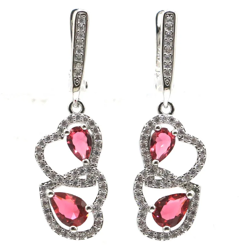 

37x11mm Romantic Heart Shape Pink Raspberry Rhodolite Garnet Silver White CZ Fashion Jewelry Earrings