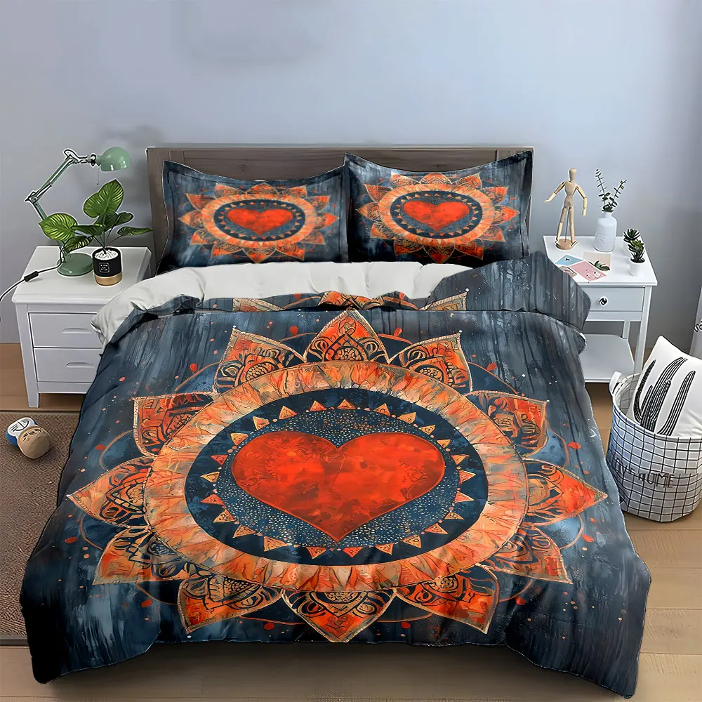 Heart Mandala Decorative Set Soft Skin-Friendly Bedding Set Includes 1 Duvet Cover And 2 Pillowcase, Gift