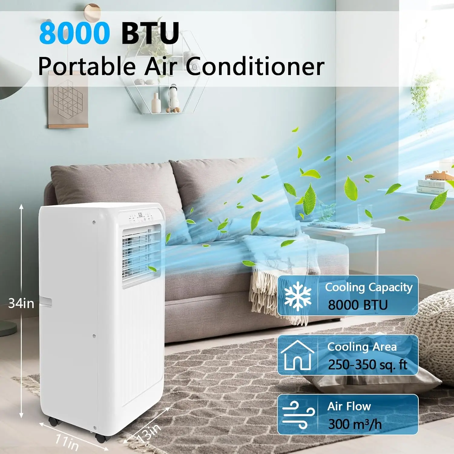 8000 BTU Portable Air Conditioner, 4-in-1 Cooling, Fan & Dehumidifier For 350 Sq.Ft Room, Quiet AC With Remote & Window Kit