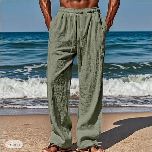 Pantaloni estivi da uomo da spiaggia, vestibilità ampia, solidi, casual, traspiranti, con coulisse, lunghezza intera, tasche a vita media dritte, pantaloni impiombati