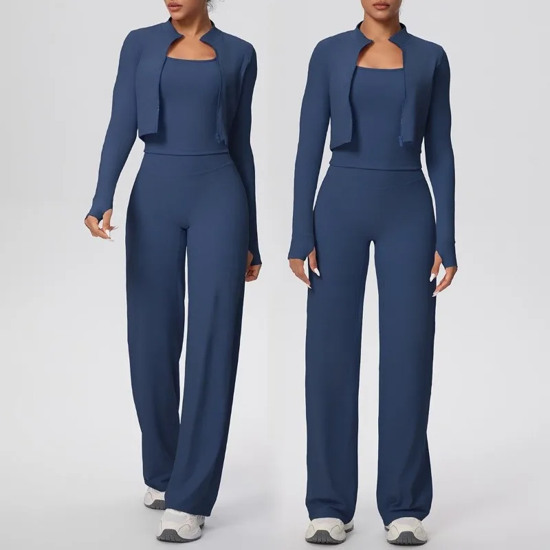 

Женский шерстяной комплект для йоги, однотонный, быстросохнущий, с широкими штанинами, топ-майка, спортивный комплект из трех предметов, комплект для фитнеса и бега