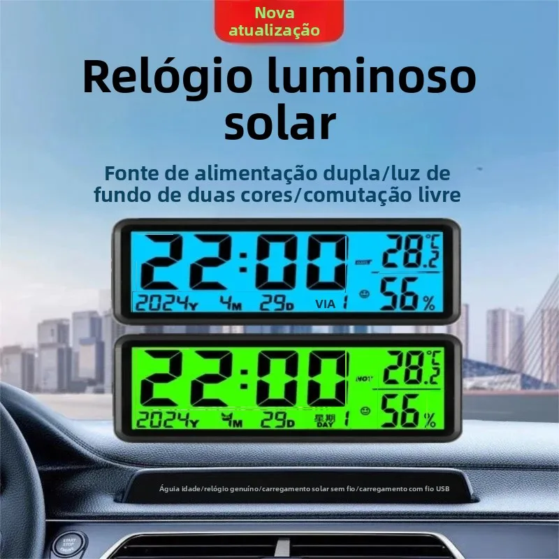Termômetro de painel de carro movido a energia solar/USB Display LED Relógio automotivo eletrônico com luz de fundo Acessórios para carro