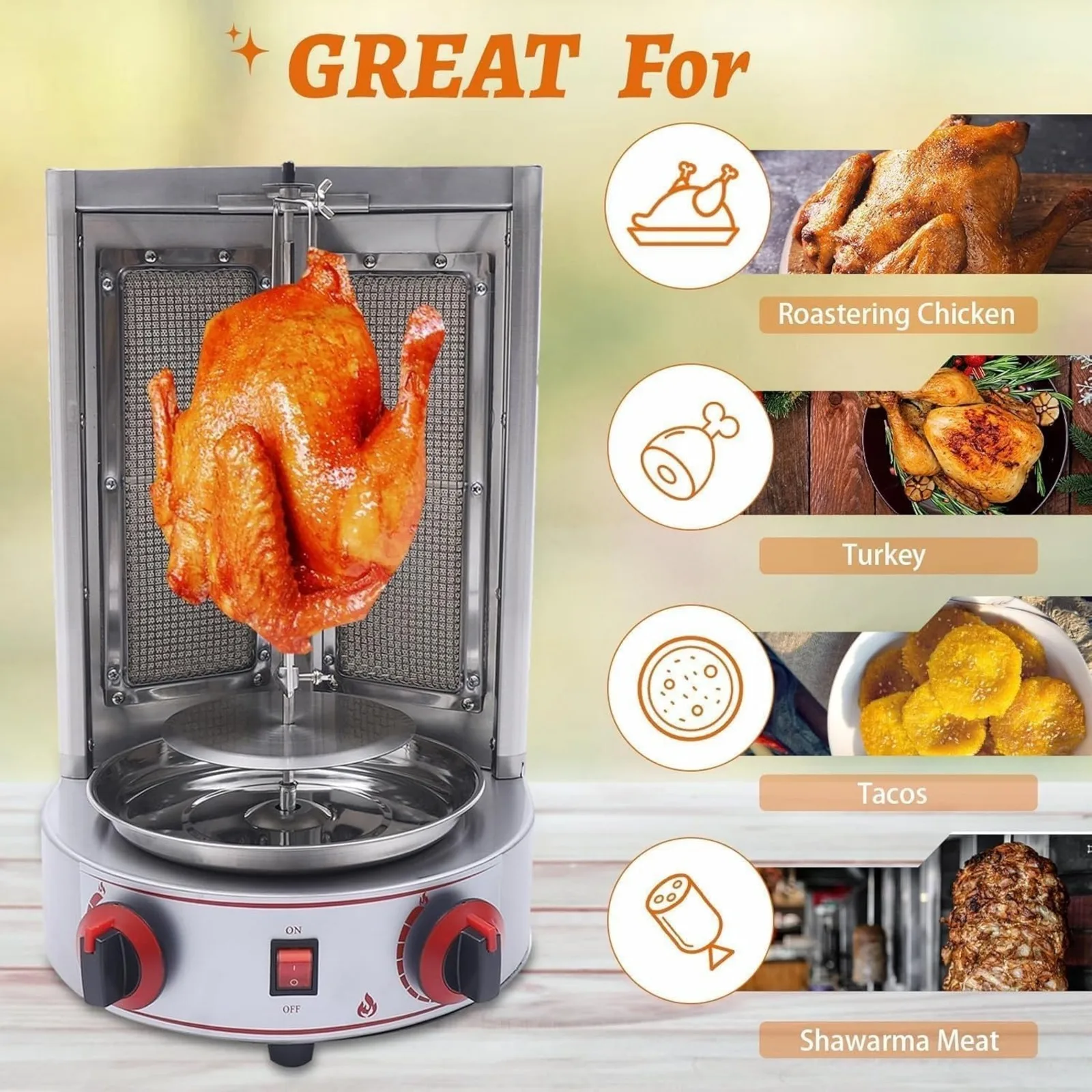 

Rotation Vertical Gas Broiler, ﻿Automatic Rotating Grill,Commercial Kebab Machine with 2 Burner, Oven Meat Broiler 3000W