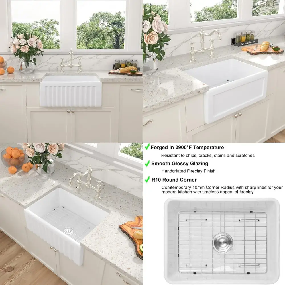 

White Ceramic Farmhouse Sink - 24x18 Inch Apron Front Single Bowl Porcelain Reversible Kitchen Sink with Fireclay Construction