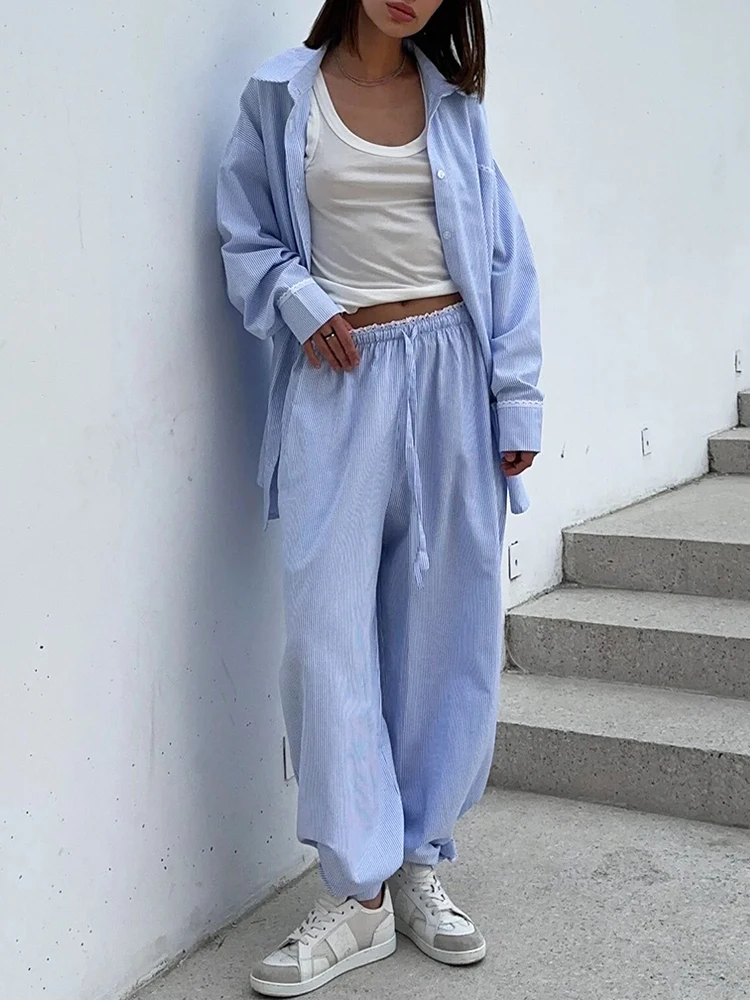Women Cotton 2 Piece Loungewear Set Lapel Long Sleeve Button Down Oversized Shirt + Elastic Drawstring High Waist Wide Leg Pants