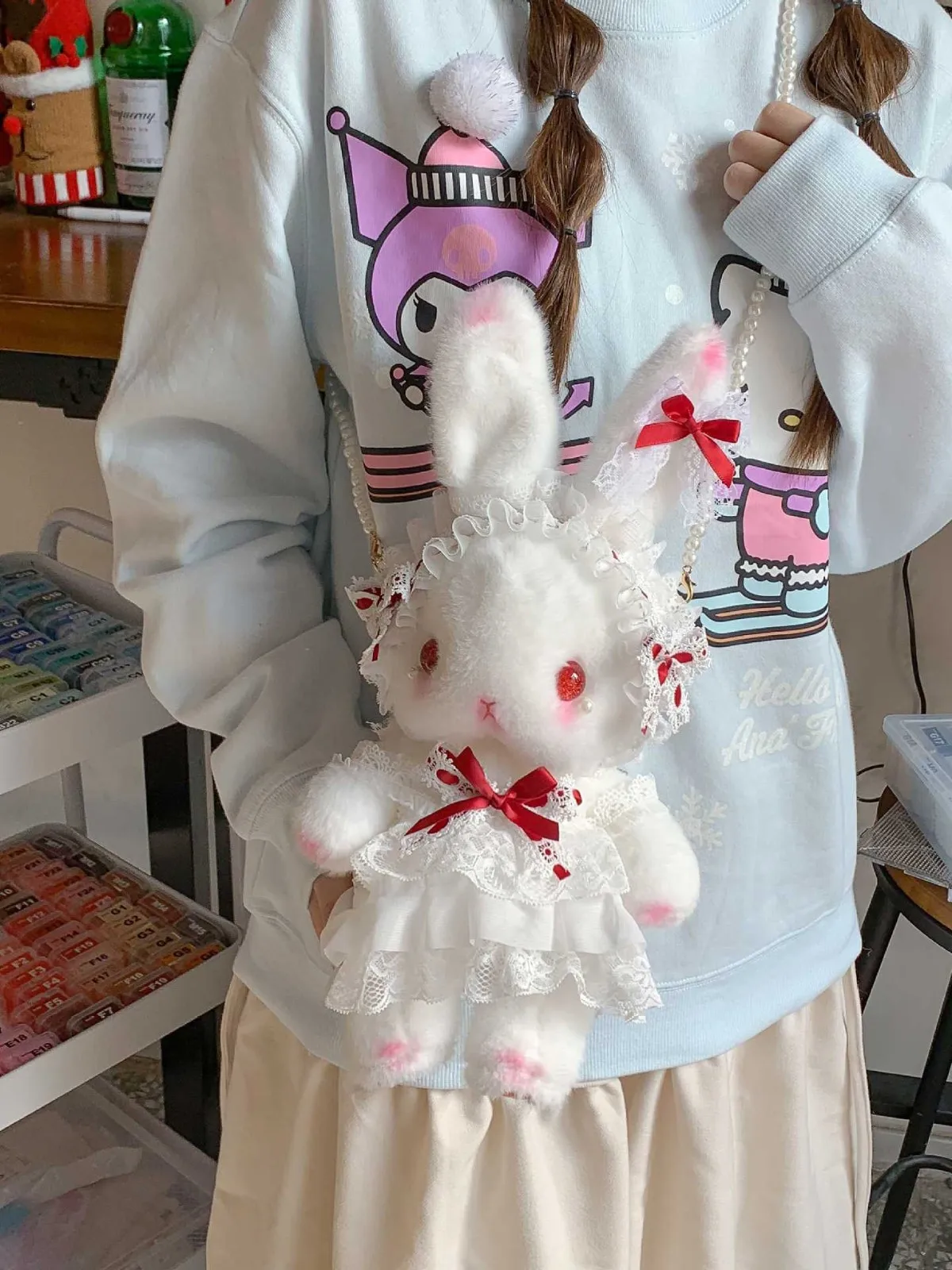 

Japanese Style Sweet Lolita Bag Women's Casual Portable Shoulder Bag Cute Soft Cute Rabbit Doll Plush Bag Cosplay Shoulder Bag