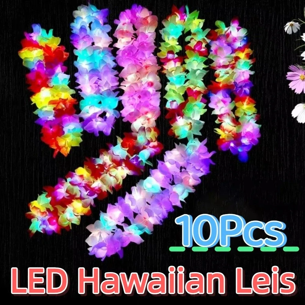 10Pcs Colorful LED Hawaiian Leis Artificial Reusable Light Up Flower Wreath Creative Vibrant Tropical Theme Leis Beach Holiday
