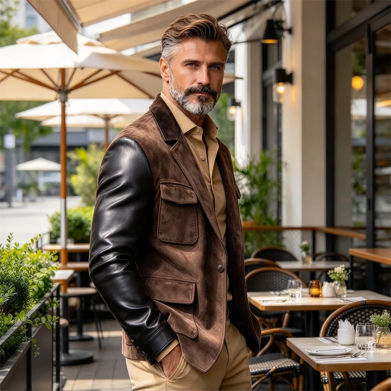Men's Suede Blazer Contrast Leather Sleeves Multi Pockets Jacket For Party Office Night Out Streetwear Casual Business Wear