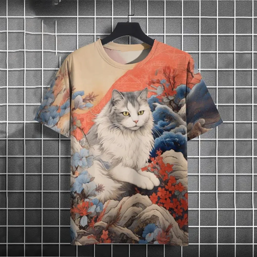 

Мужская футболка Ukiyo-E, футболки с японским рисунком кота, повседневные топы унисекс, дышащая удобная летняя новая одежда больших размеров