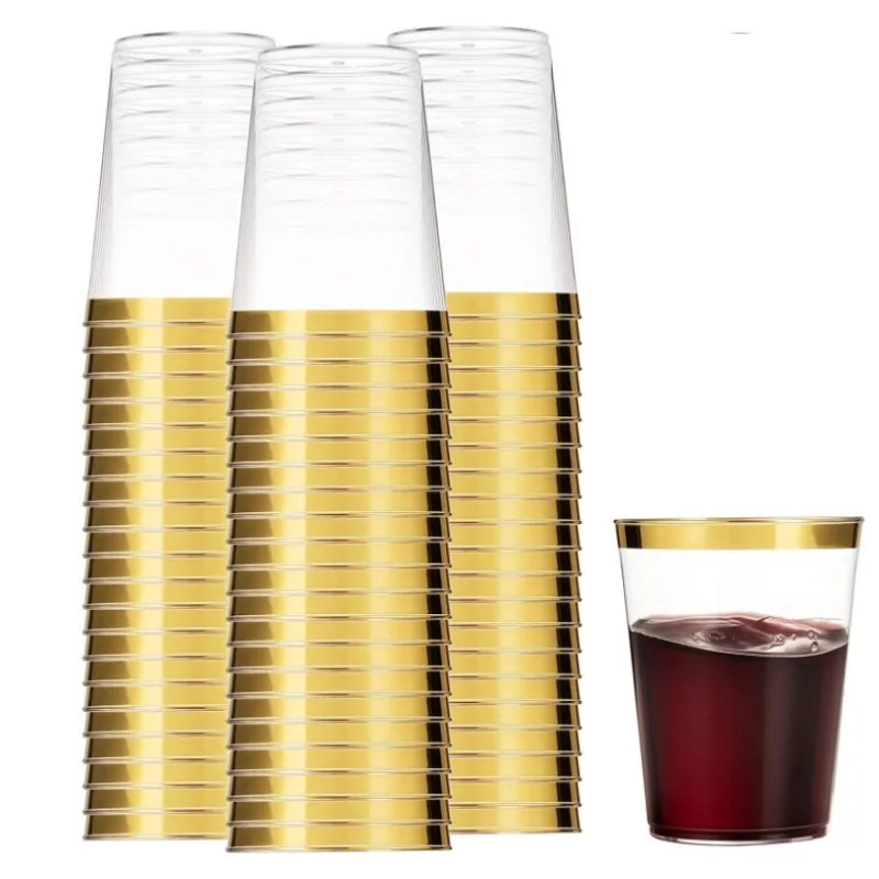 

10-100pcs 10Oz Gold Plastic Cups Disposable Transparent Hard Plastic Rimmed Cocktail Drinking Cup Birthday Wedding Party Cup