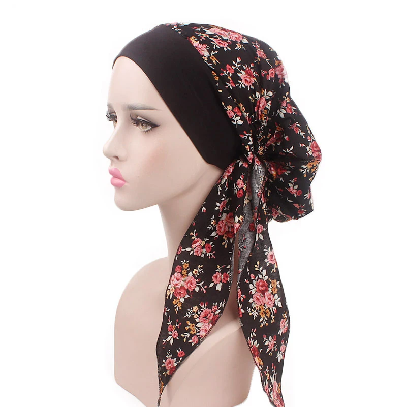 Women Muslim Pre-tied Hijab Hat Turban Bonnet Long Tail Floral Print Head Cover Wrap Caps Cancer Chemo Islamic Arab Headwear Cap