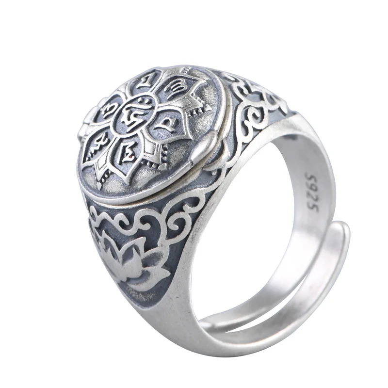 BOCAI New Real S925 Silver Six Character Great Ming Mantra Scripture Lotus Ring for Men and Women Lucky Jewelry Wholesale