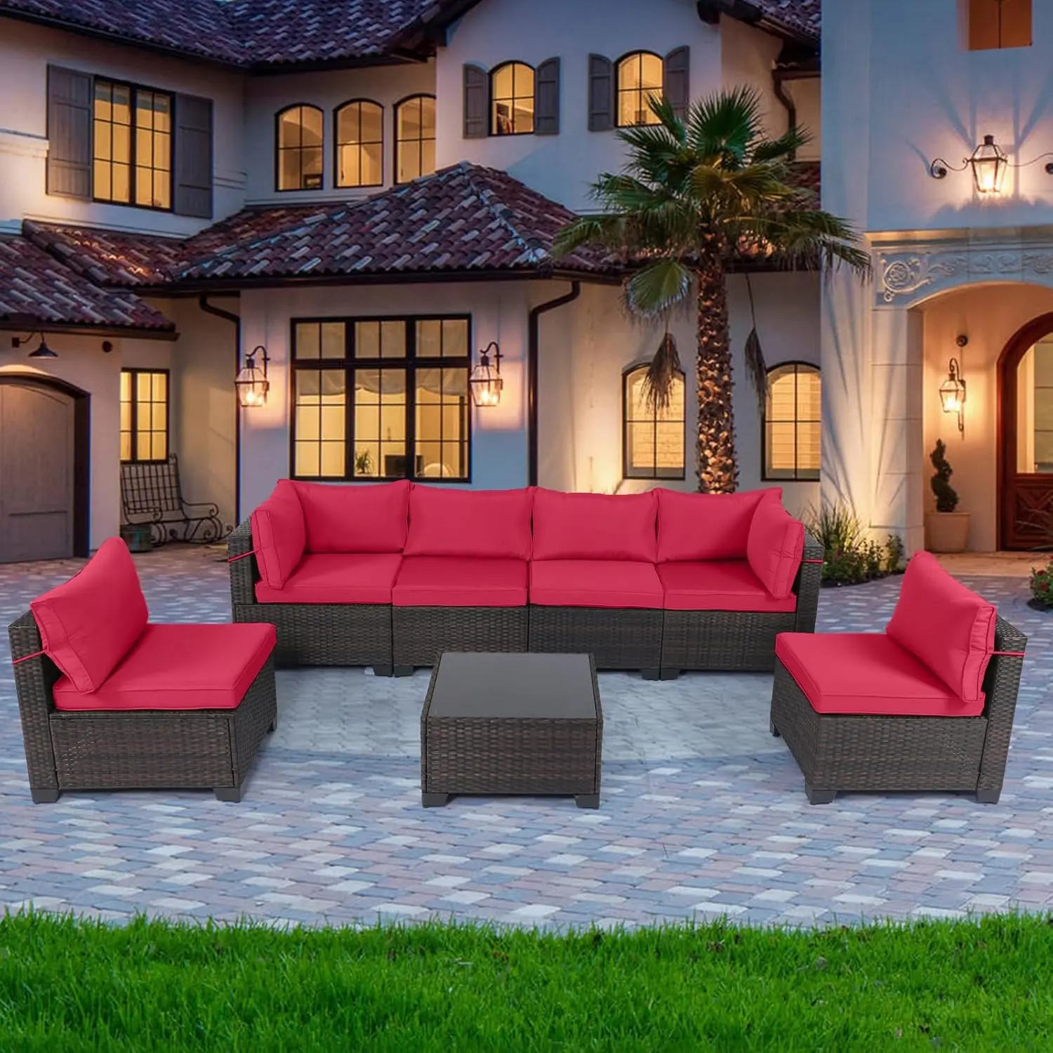 

7 Pieces Outdoor Patio Furniture Sets,Rattan Conversation Sectional Set,Manual Weaving Wicker Patio Sofa with Tea Table