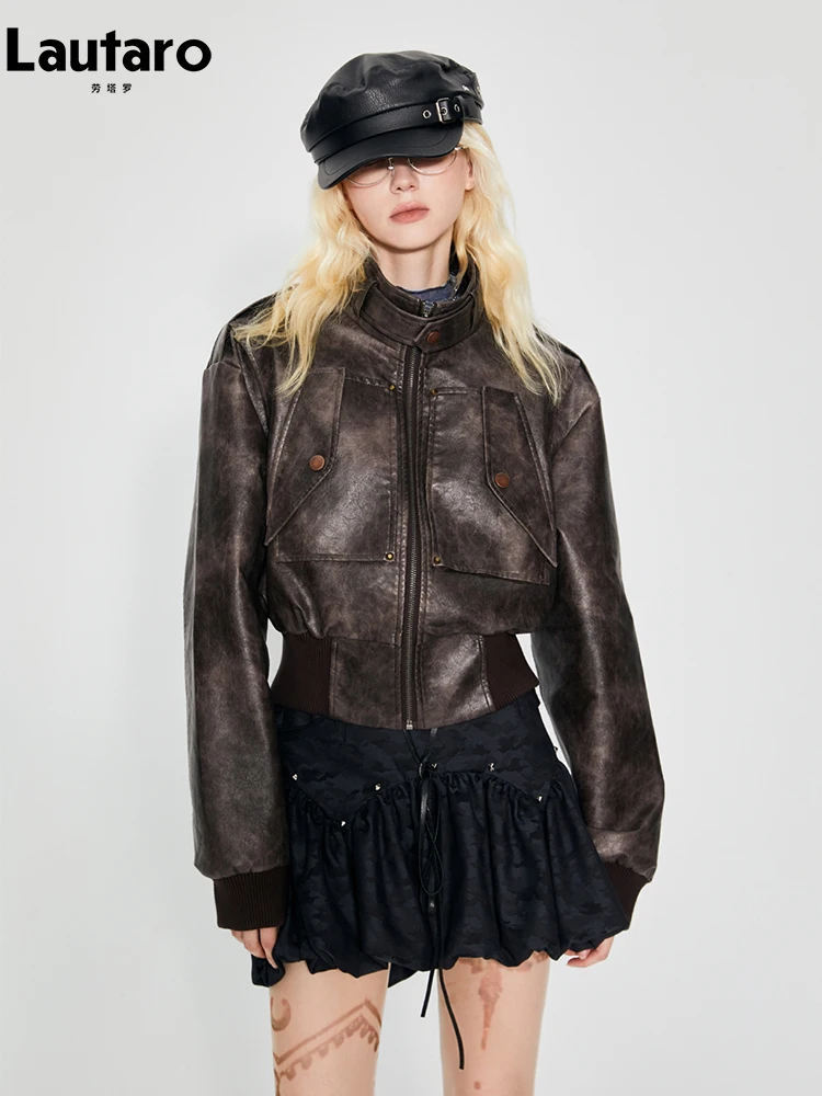 Lautaro Spring Autumn Cool Handsome Short Distressed Brown Waterproof Pu Leather Jacket Women Zip Up Luxury Designer Clothes