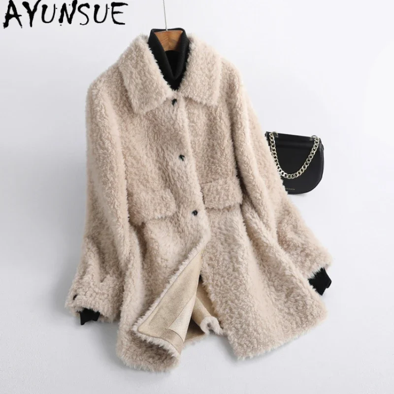 AYUNSUE Elegant Granular Wool Coats for Women 2023 Fall Winter Mid-length Sheep Shearing Jacket Fashion Outerwears Abrigos Mujer