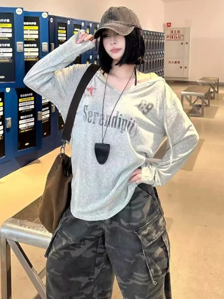 Y2k Aesthetic Letter Printing Hooded Tshirts Harajuku Women Casual Loose Streetwear Tees 2025 Preppy Style Grunge Autumn T-shirt
