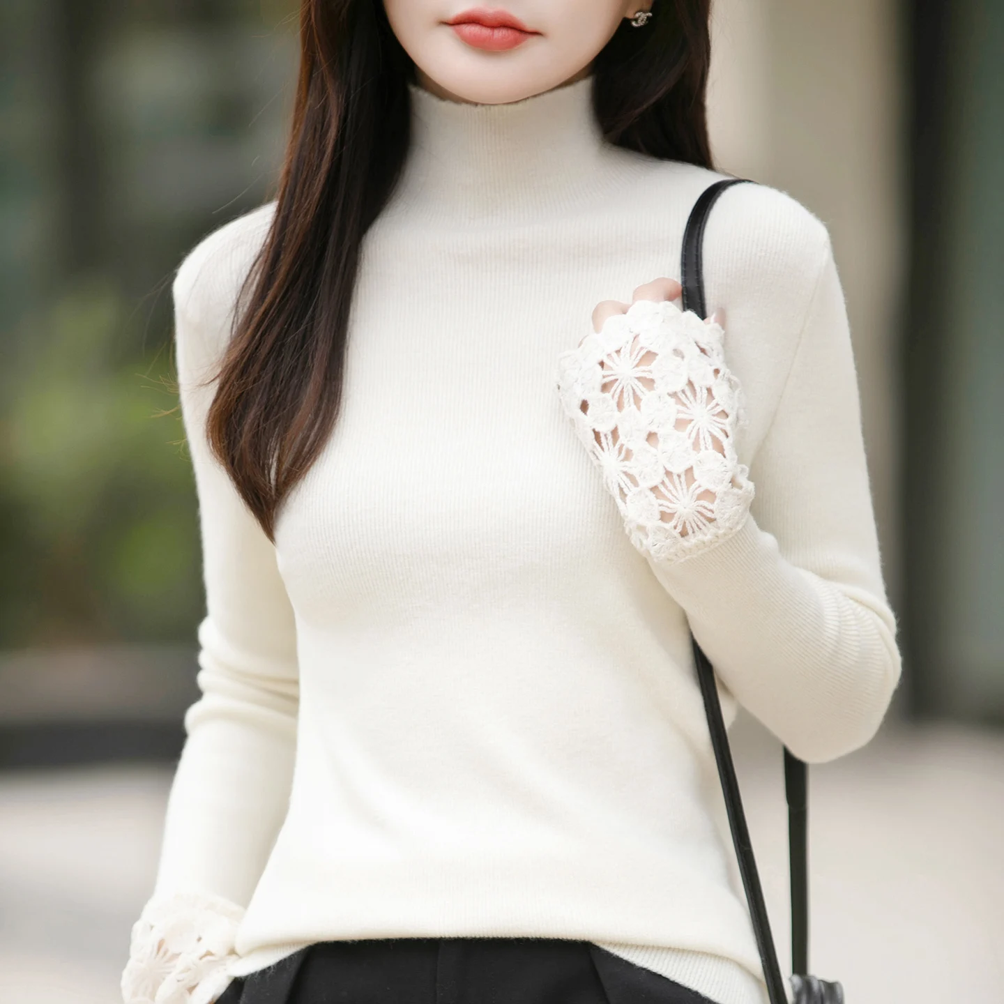 

Ele High Ne Knitted Sweater Women's White Lace Splice Long Sve Soft Inner Wear Top Sli Faion Simple Sle