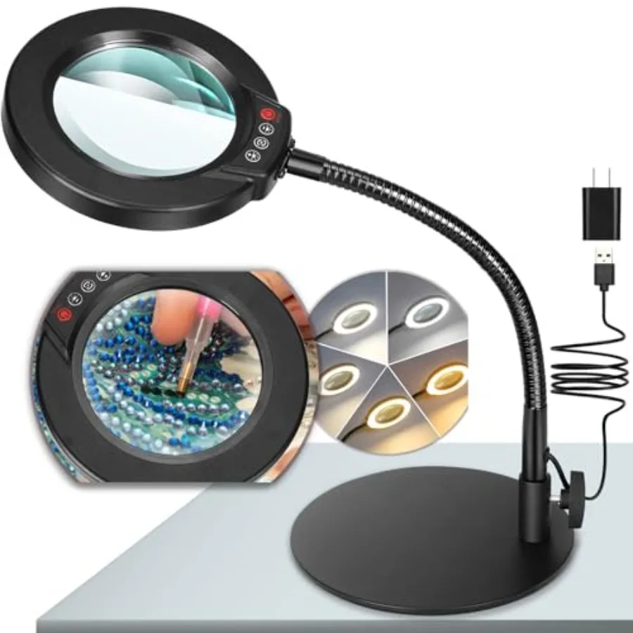 10X Magnifying Glass with Light and Stand, 5 Color Modes Stepless Dimmable LED Lighted Desk Lamp, Hands Free Magnifier with Fle