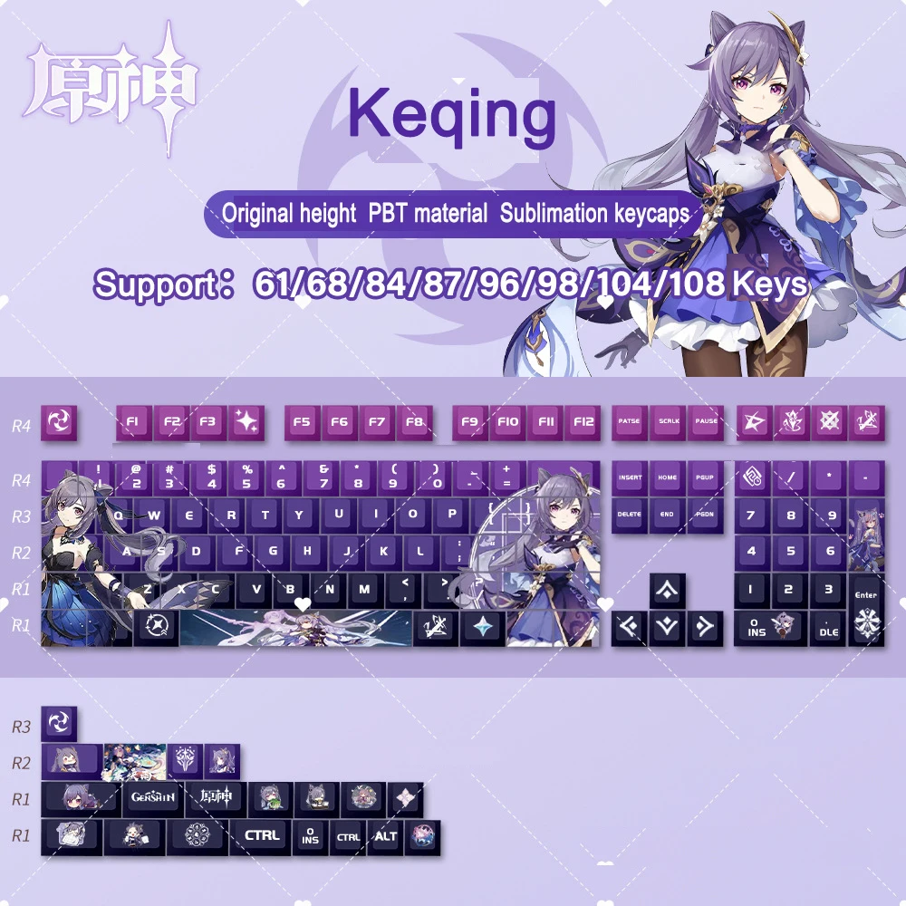 128 kunci Keycap dampak Genshin profil ceri PBT DYE-Keyboard mekanik sublimasi Keycap Anime Huao Keycaps MX Switches