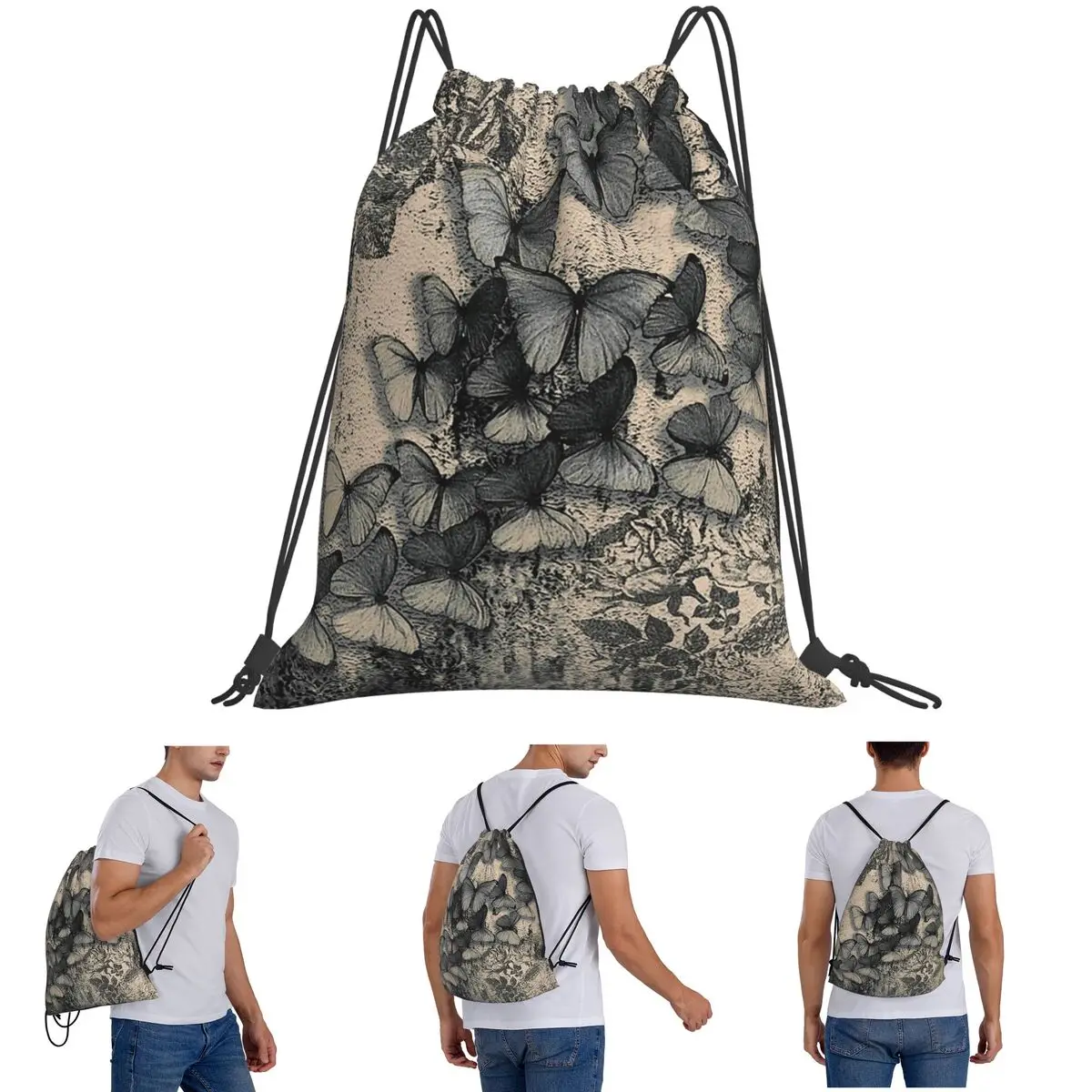 Silver Butterfly Pattern Backpacks Portable Drawstring Bags Shoes Bag Book Bags for Travel Students
