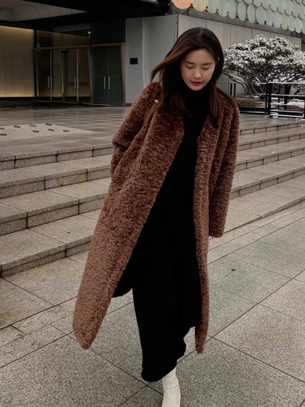 Abrigo de piel largo coreano Sle de doble cara para mujer, abrigo Intercomado de piel de cordero Artificial, cálido y cómodo