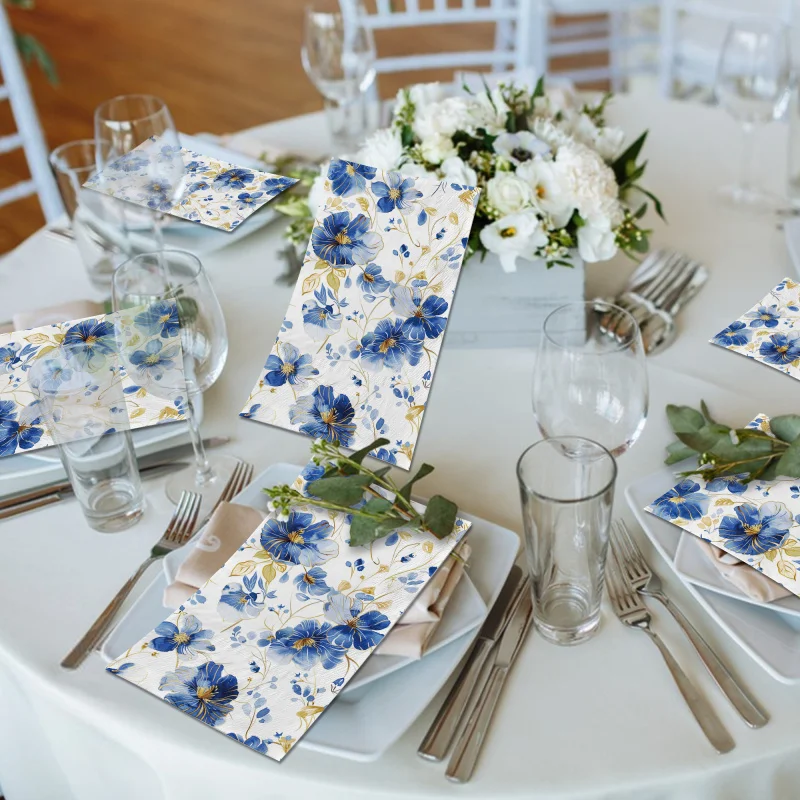 20pcs Blue White Floral Flower Guest Napkins Disposable Paper Dinner Napkin Bathroom Hand Towels Wedding Birthday Party Decor