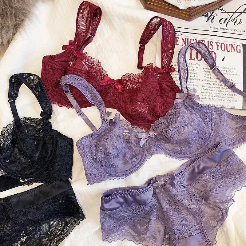 MOYISU French Romantic Ultra-thin Lace Sexy Transparent Gathering Big Breasts Show Small Underwire Bra Cover Underwear Set Women