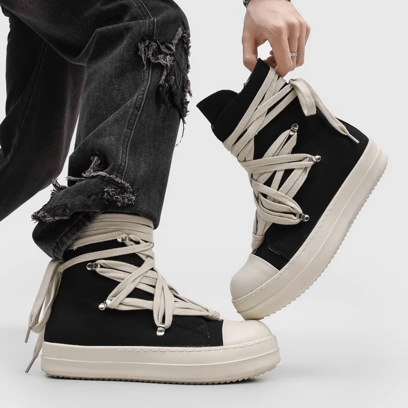 Men Thick Soled Cross Strap High Top Sports Leisure Board Shoes Niche Design Height Increasing Anti Slip High Street Commuting