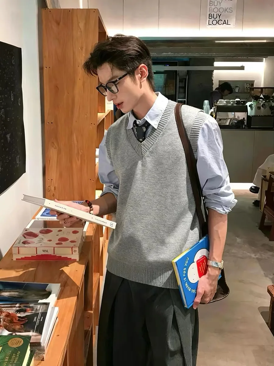 

Мужской вязаный жилет American Sle V-Ne для весны и осени, повседневный, для колледжа, в стиле lazy, высококачественный, однотонный, без рукавов