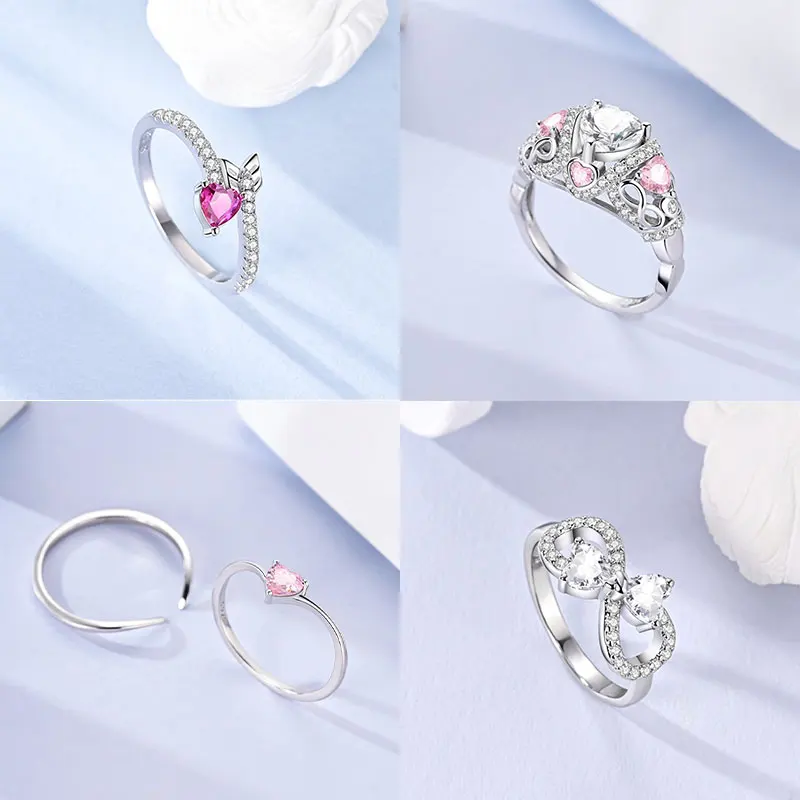 Valentine Day Engagement Ring 925 Sterling Silver Heart, Red, Pink, White, Blue Ring for Women Holiday Jewelry Gift