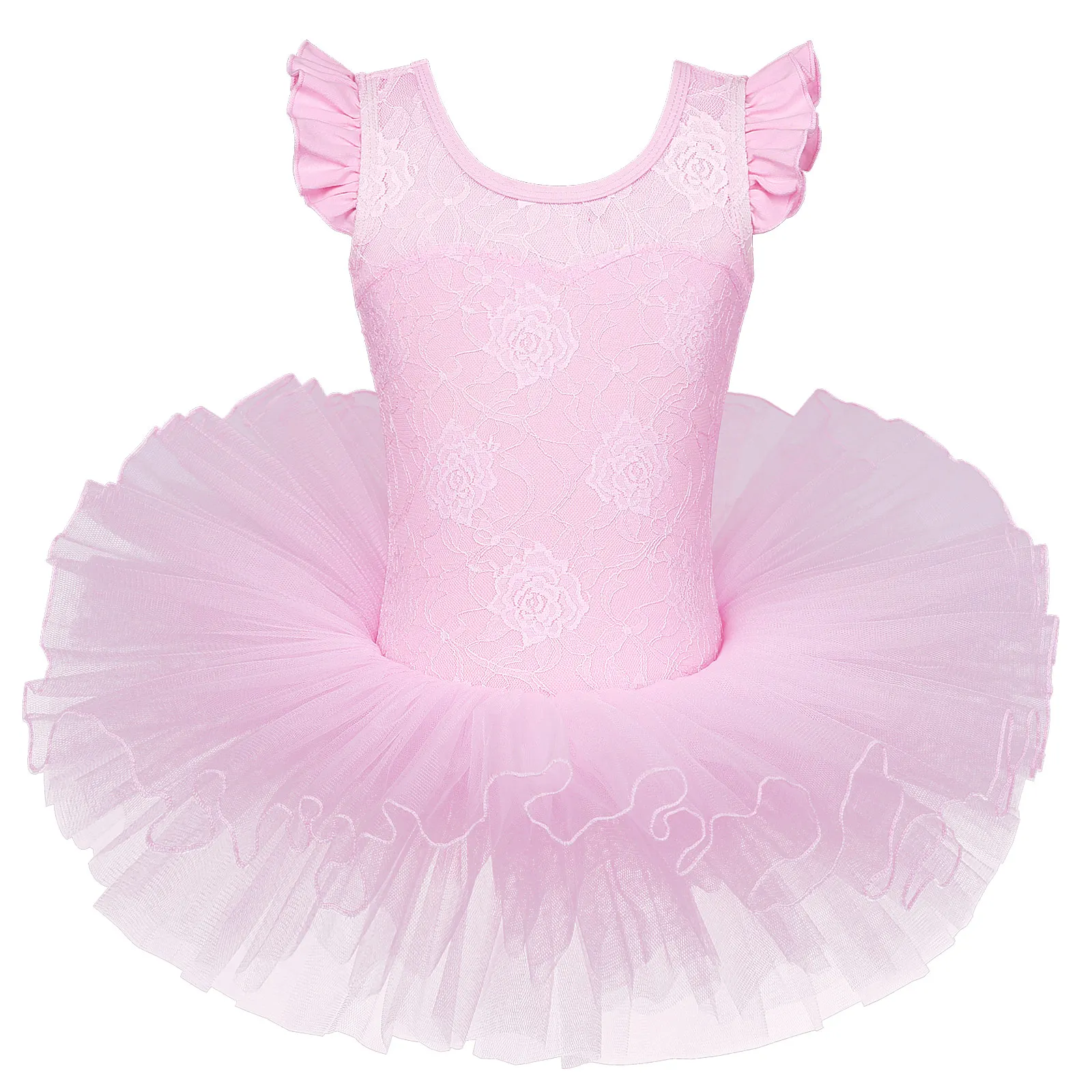 BAOHULU Girls Pink Lace Ballet Tutu Dress Ruffle Sleeve Rose Embroidery Dance Leotard for Girls Performance 3-8Y