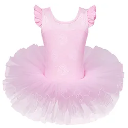 BAOHULU Girls Pink Lace Ballet Tutu Dress Ruffle Sleeve Rose Embroidery Dance Leotard for Girls Performance 3-8Y