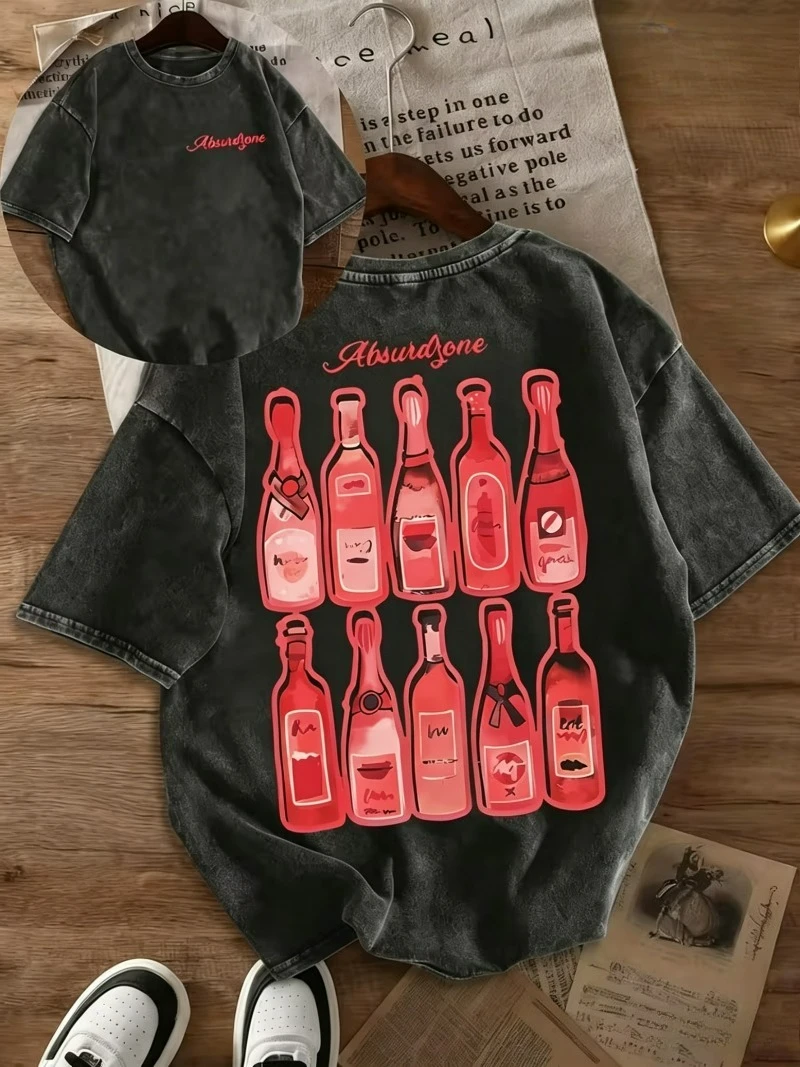 Absurdone Colorful Wine Bottle Graphic T-Shirt, Relaxed Fit Retro Washed Short Sleeve Tee for Everyday Casual Street Looks