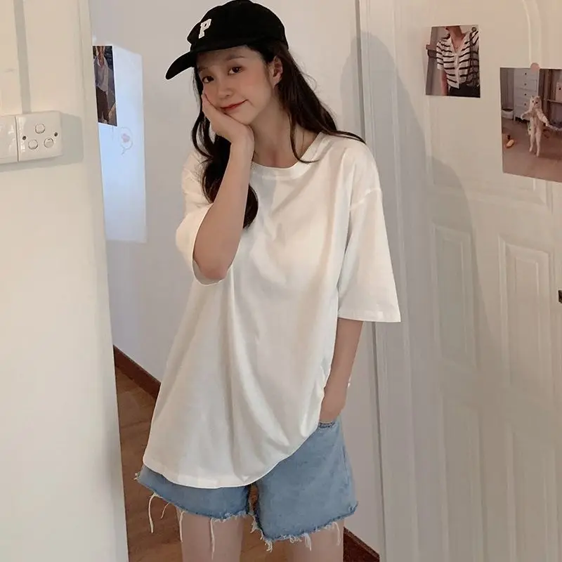 DAYIFUN-Women's Cotton Short Sleeved T-shirts Butterfly Hollow Open Back Design Tshirts New Loose Tops Long Tees Summer T-shirt
