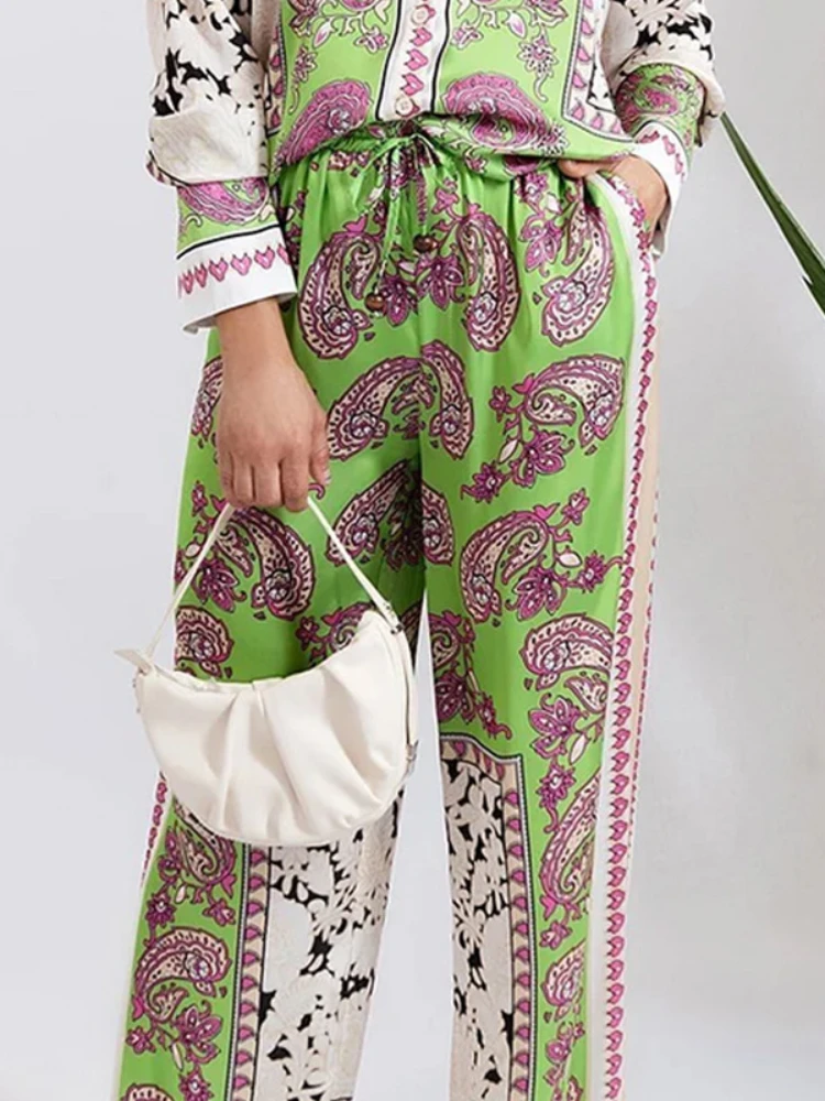 Two Piece Sets Women Pants Set Print Floral Casual Turn Down Collar Full Sleeve Tops Wide Leg Long Pants Lace Up Elastic Waist