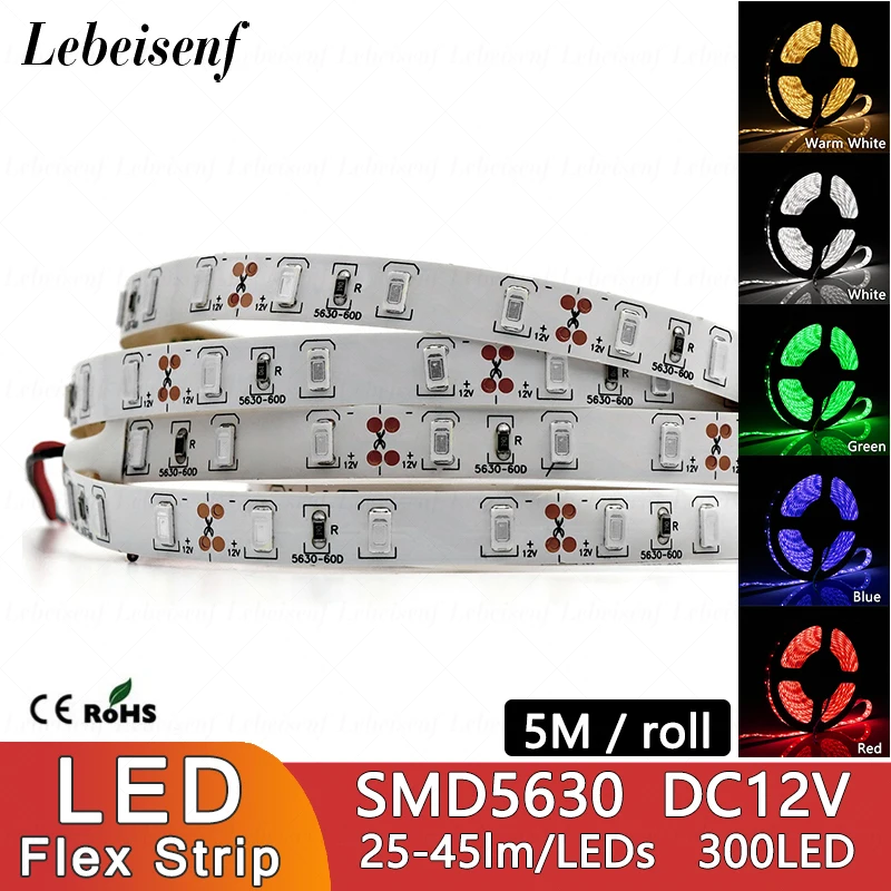 New 5M SMD 5630 LED Lamp Strip DC 12V 25-45lm/LEDs White Warm Red Green Blue IP20 IP65 Waterproof Flexible Lighting Bar 300 LEDs