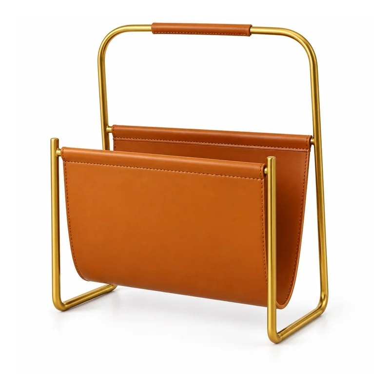 Magazine Holder with Handle, Gold-Tone 304 Stainless Steel Frame and Brown Leather Sling, Floor or Tabletop Organizer