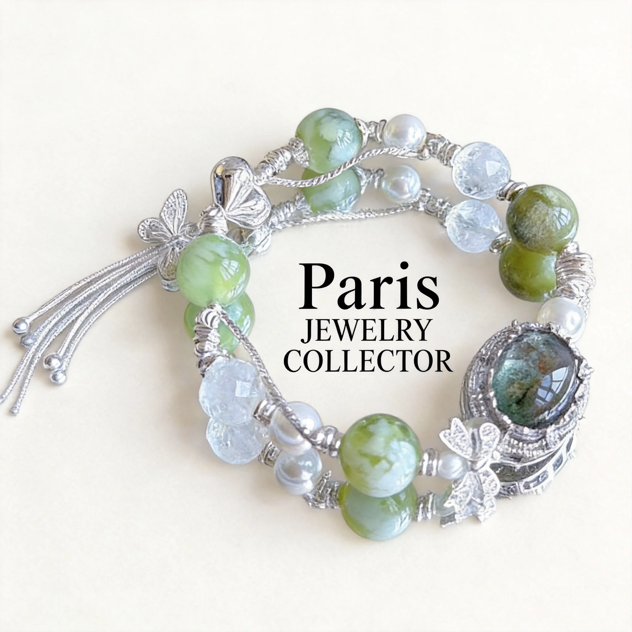 Chinese Style Good Luck Fortune Blessing Green Phantom Quartz Emerald Crystal White Quartz Beaded Bracelet Butterfly Tassel Weal