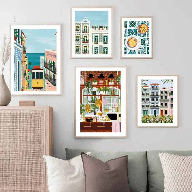 لشبونة ترام الغذاء البرتغال الرسم على لوحات القماش الجدارية السفر مدينة الملصقات والمطبوعات جدار صور لغرفة المعيشة ديكور المطبخ