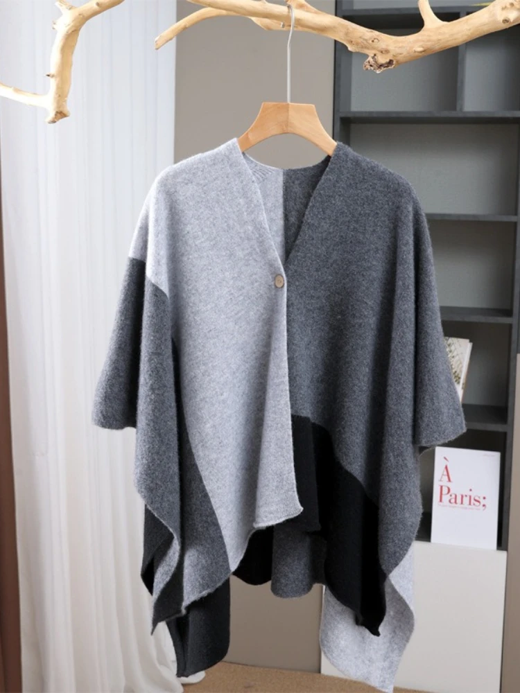 Autumn Winter Women Cloak Pullover Color Blocked Warm Shawl Cloak Cashmere Top Hijabs for Woman Wraps