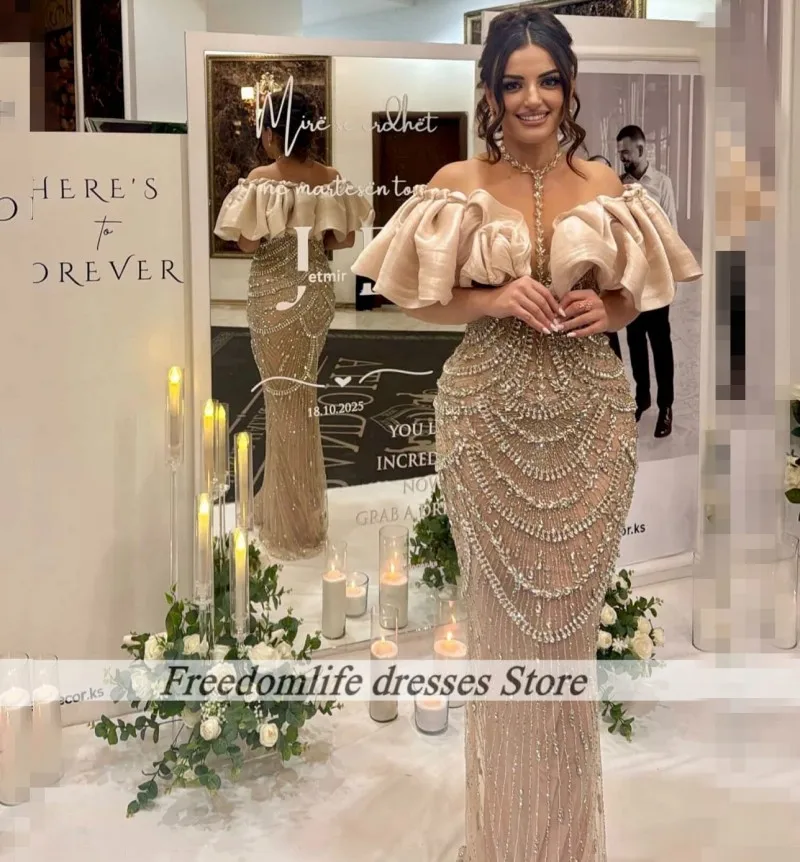 

Вечерние платья цвета шампанского, роскошное платье для выпускного вечера в арабском стиле с кристаллами и бисером в Дубае, с короткими рукавами, Vestido De Festa по индивидуальному заказу