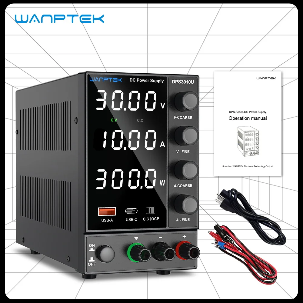 Wanptek DC Power Supply adjustable 30V 10A with Encoder Coarse and Fine Adjustment Knobs Bench with USB TypeC Fast Charging Port