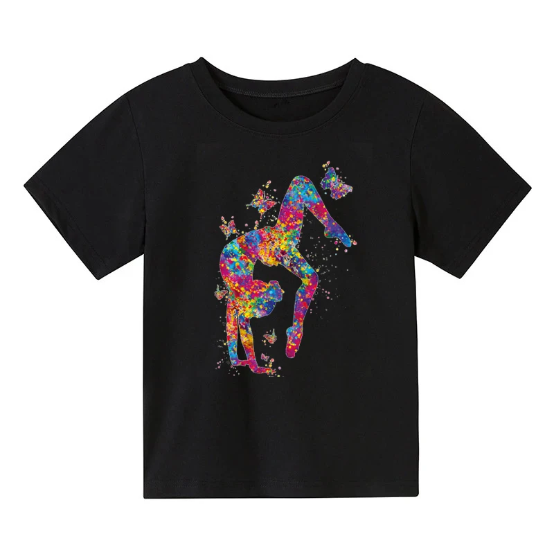 Watercolor Gymnastics Print T-Shirt Girls Children GYM  Lover Birthday Gift Black T Shirt Kids Tops DIY Custom Tshirt Drop Ship