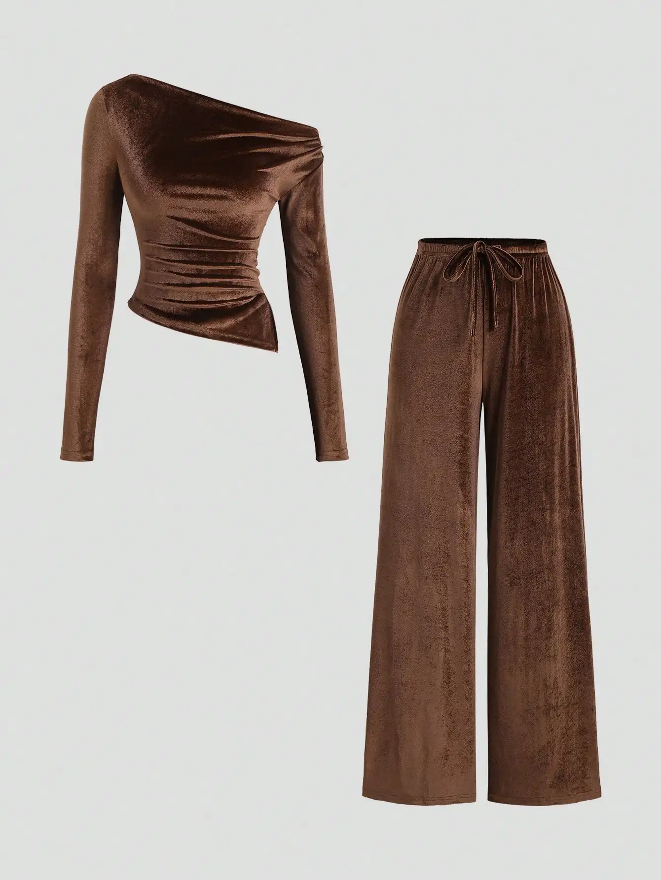 

Женский коричневый бархатный комплект из 2 предметов: асимметричный топ с рюшами и брюки с высокой талией и широкими штанинами