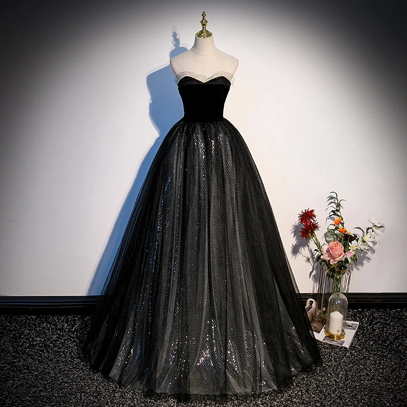 Classical Black Quinceanera Dresses Sexy Strapless Vestido De Debutante Elegant Simple Floor-length Tulle Ball Gown Customized