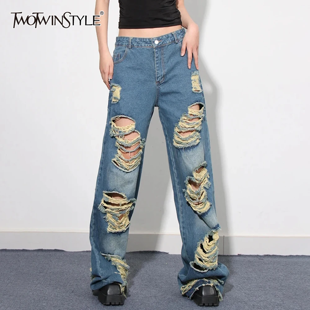 

TWOTWINSTYLE Solid Hollow Out Designer Denim Pant For Women High Waist Patchwork Pocket Streetwear Full Length Pants Female New